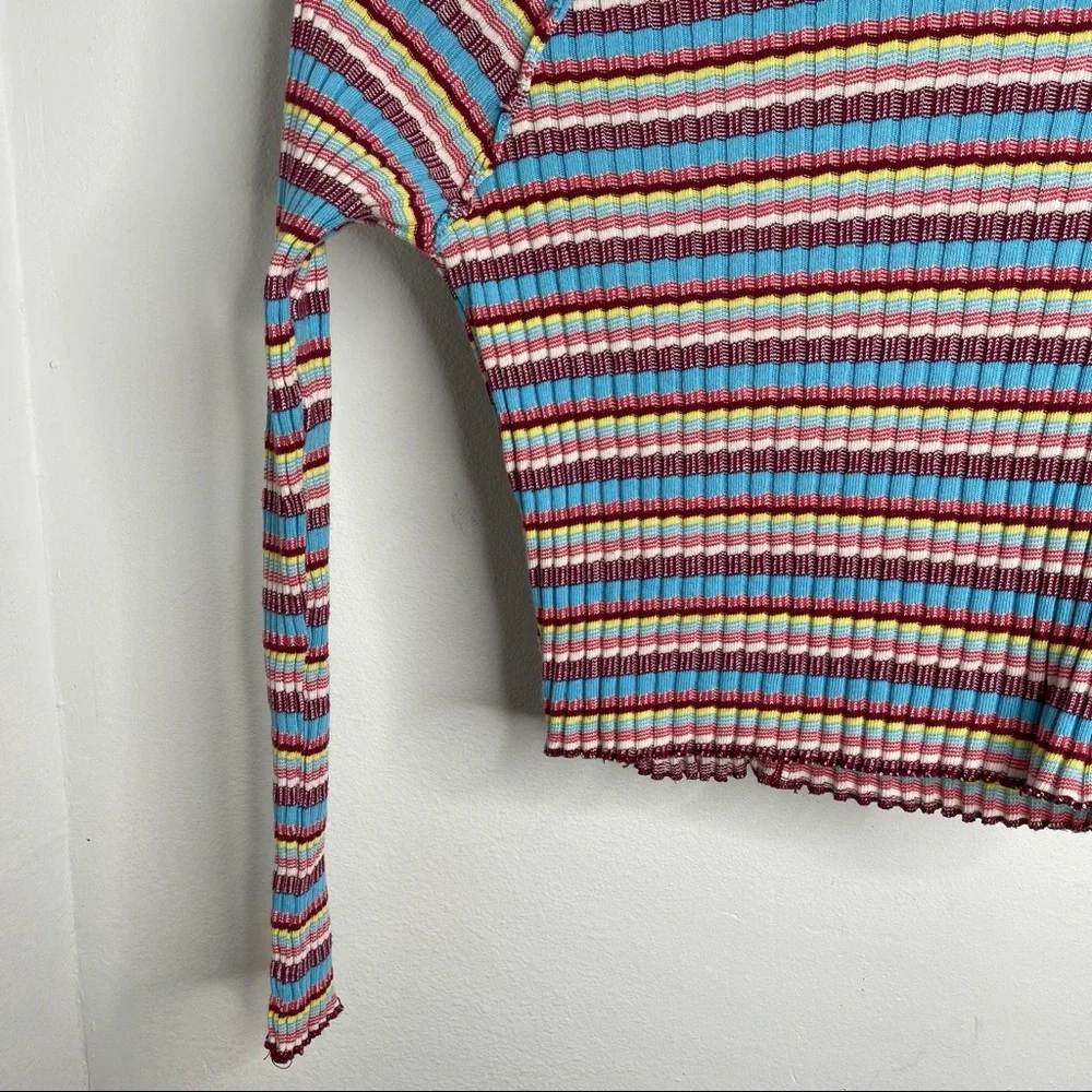 Free People Retro Mirror Blue Striped Mock Neck Ribbed Long Sleeve Crop Top Sz S - Picture 9 of 16